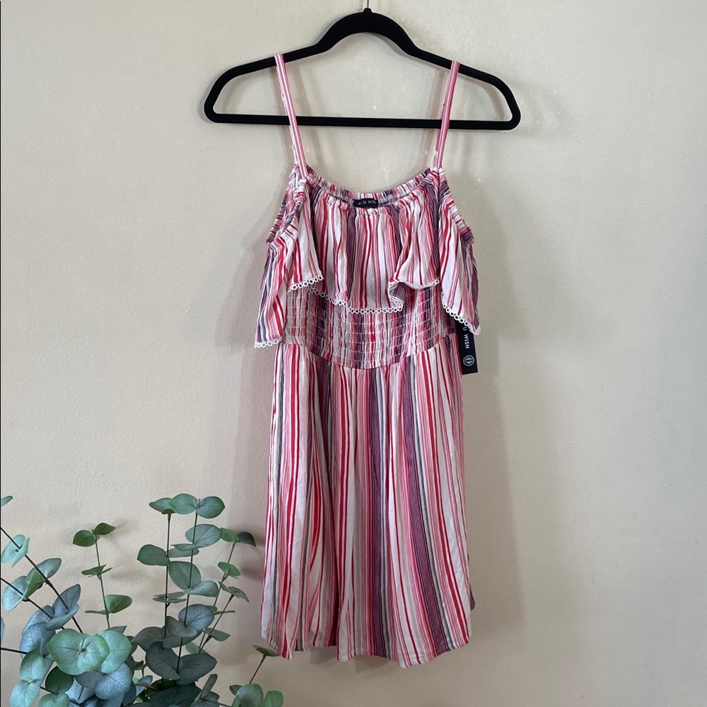 As U Wish Stripe Off Shoulder Dress Pink Red Blue Smocked Ruffle Sundress Med